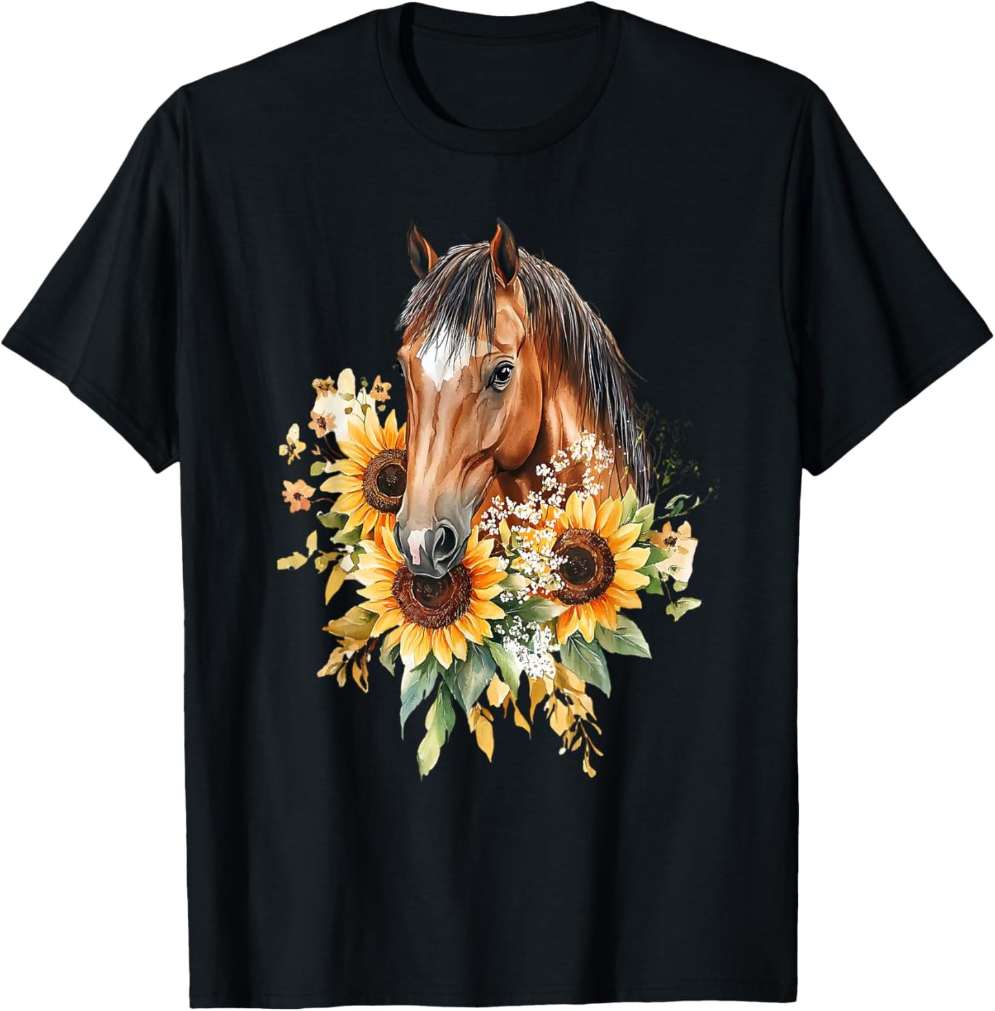 Charming: Horse and Sunflowers in Dreamy Hues T-Shirt - T-Shirt | Black