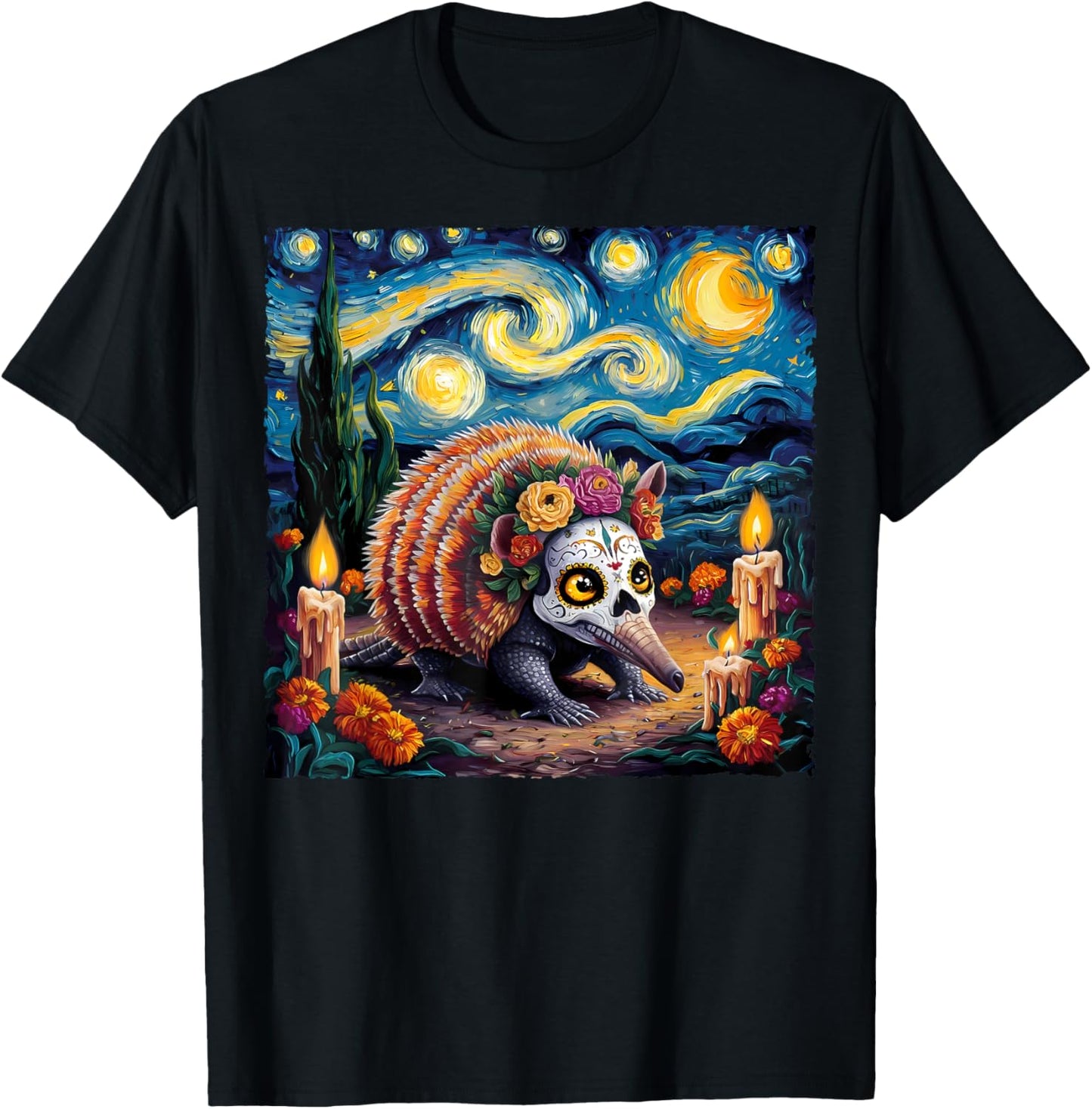 Armadillo Van Gogh Style The Starry Night Day Of Dead Funny T-Shirt - T-Shirt | Black