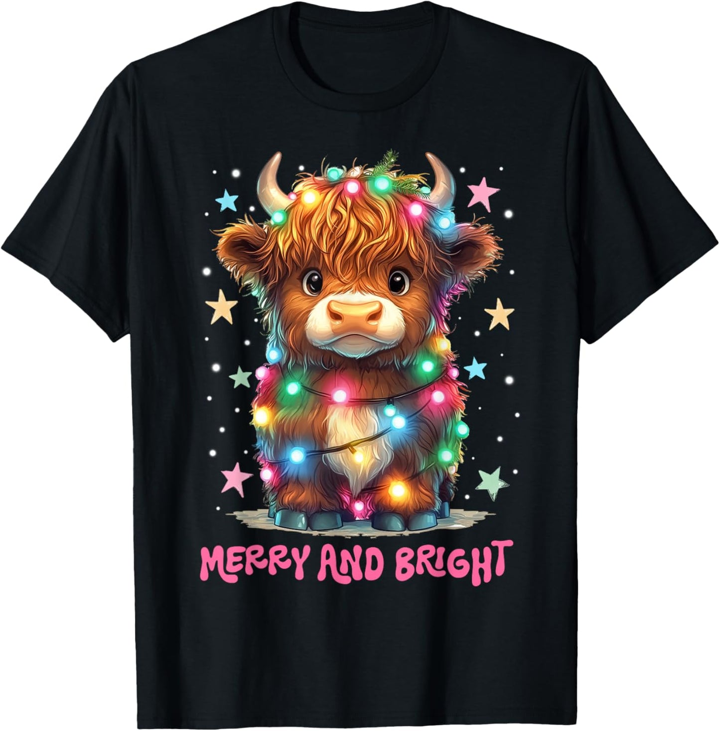Merry And Bright Cute Highland Cow Christmas Xmas Lights T-Shirt - T-Shirt | Black