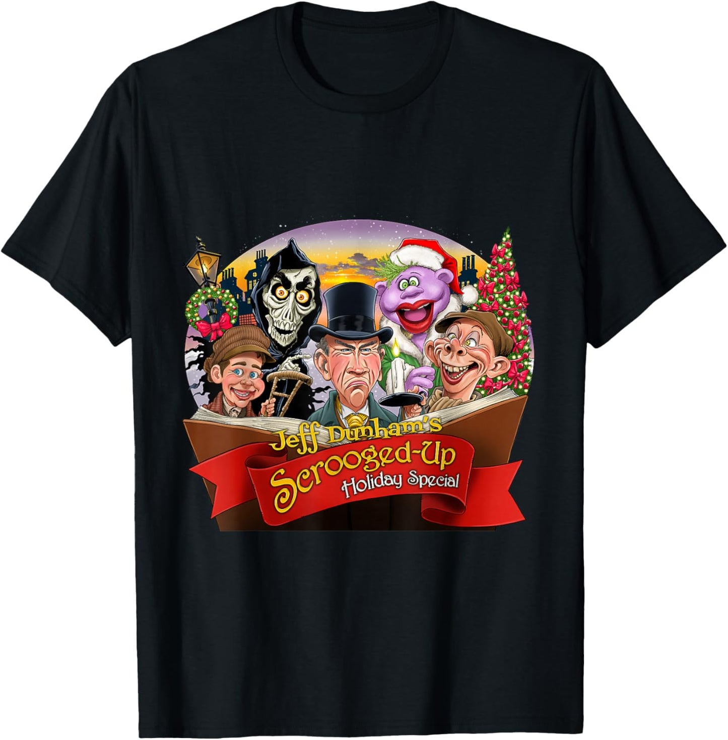 Jeff Dunham 2024 Holiday - Black, -Adults/Kids, Short Sleeve, Cartoon Holiday Character, Classic Fit, Polyester 100% Cotton Blend, Size Small T-Shirt - T-Shirt | Black