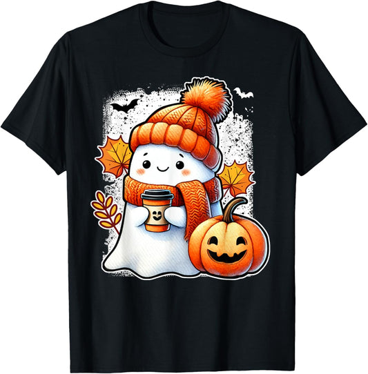 Cute Halloween Ghost Cozy Pumpkin Autumn Leaves T-Shirt - T-Shirt | Black