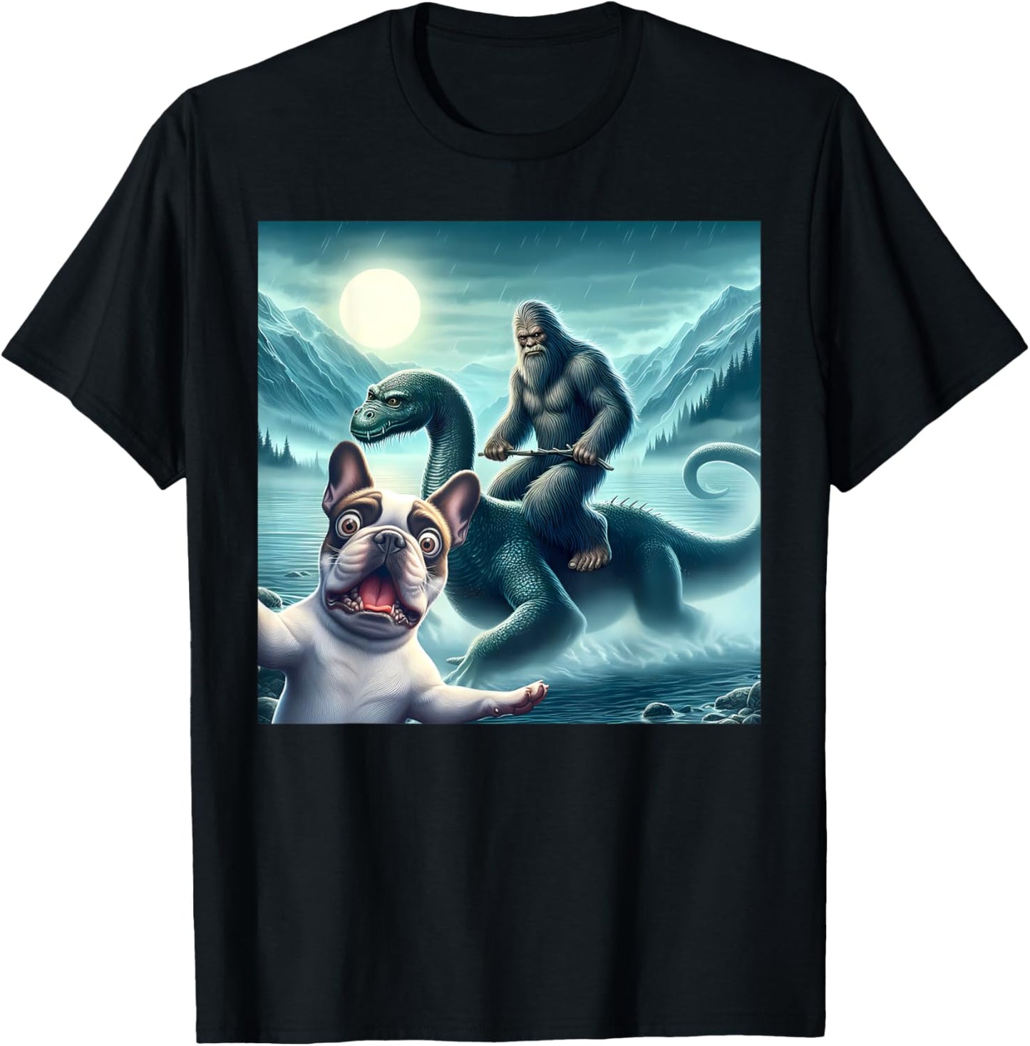 French bulldog Selfie with bigfoot riding loch Ness T-Shirt - T-Shirt | Black