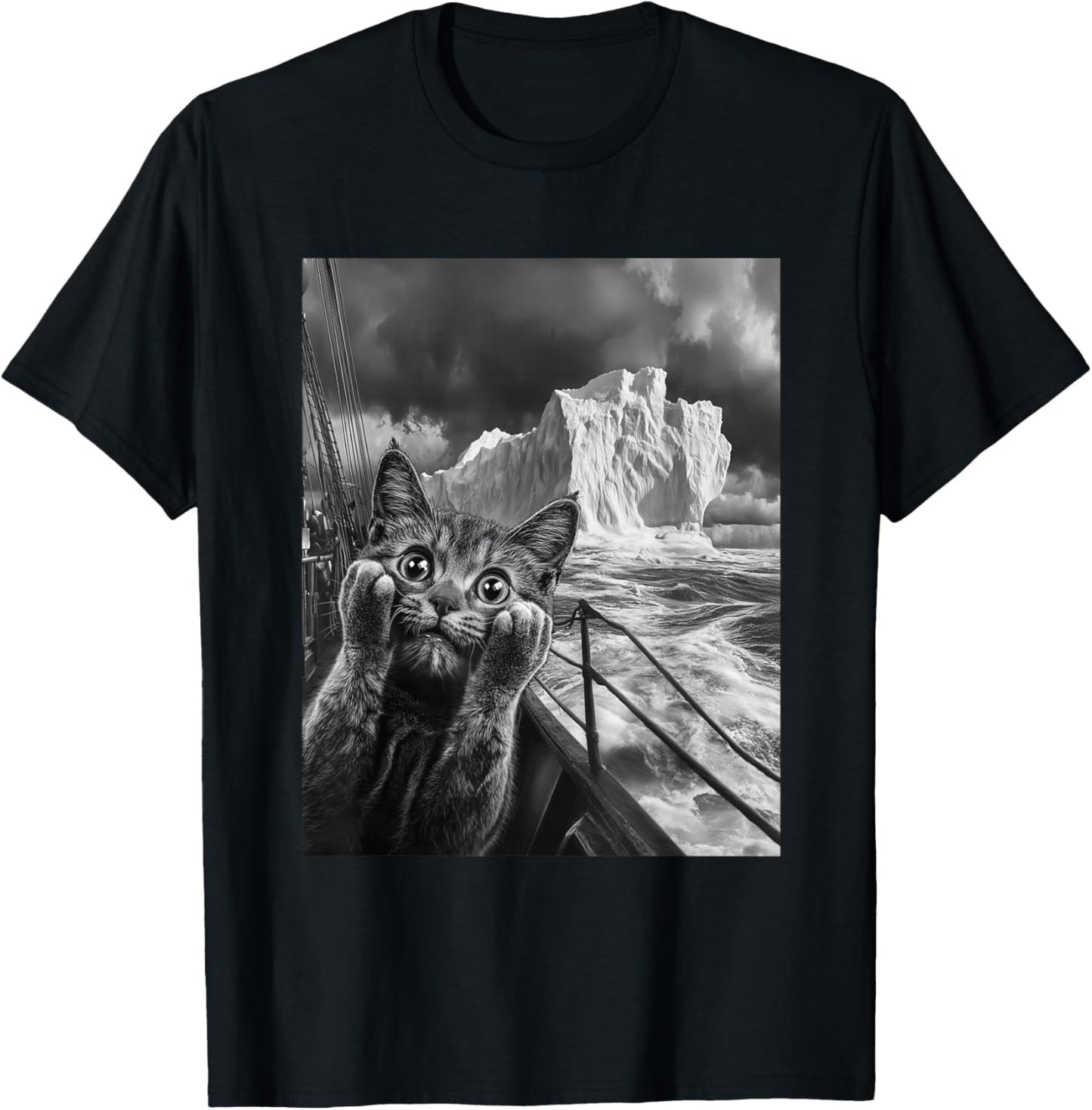 Funny Titanic Iceberg Scared Surprised Cat Selfie T-Shirt - T-Shirt | Black