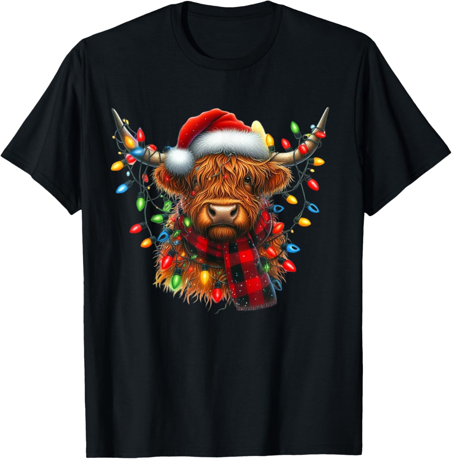 Scottish Highland Cow Santa Claus Hat Christmas Highland Cow T-Shirt - T-Shirt | Black