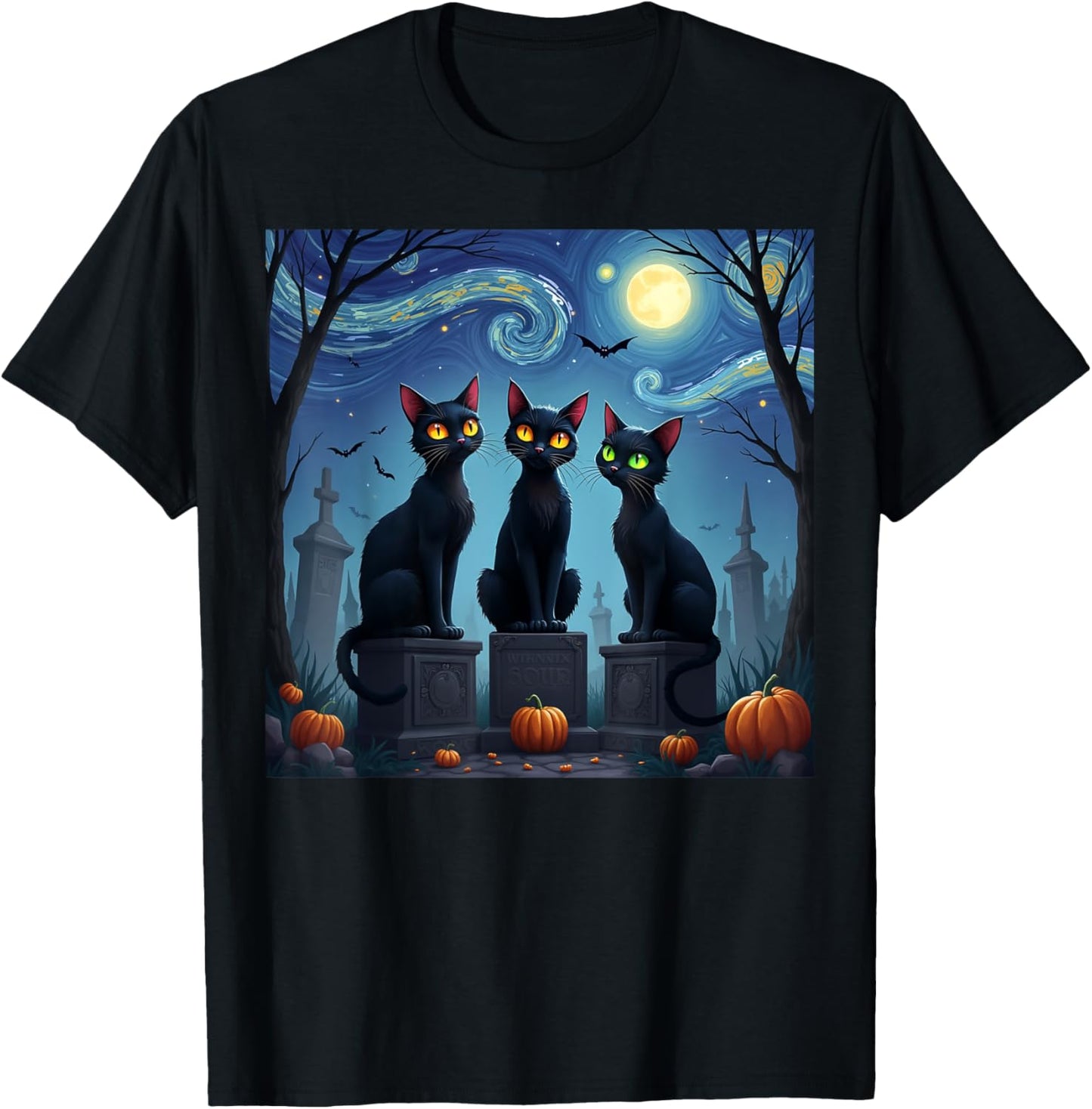 Black Cat Halloween Cat Lovers Starry Night Cat Van Gogh men T-Shirt - T-Shirt | Black