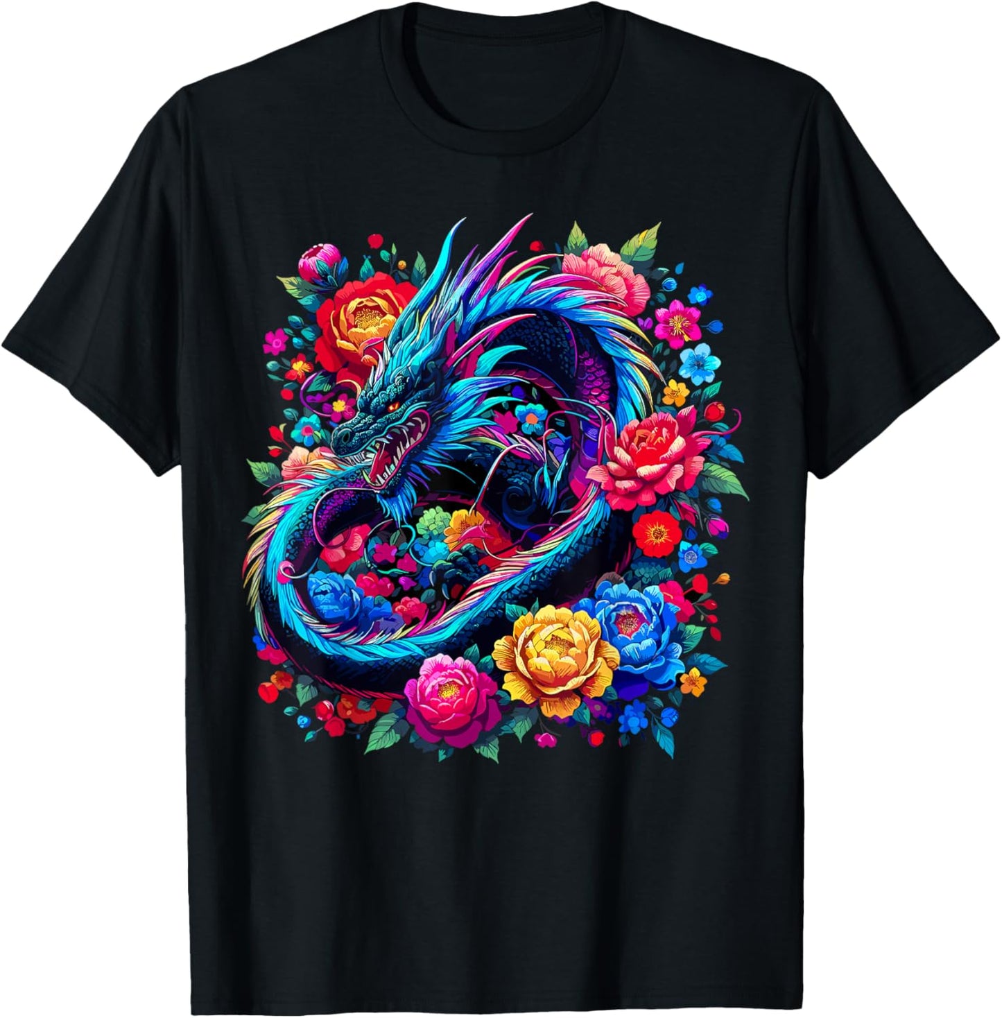 Colorful Dragon Flowers T-Shirt - T-Shirt | Black