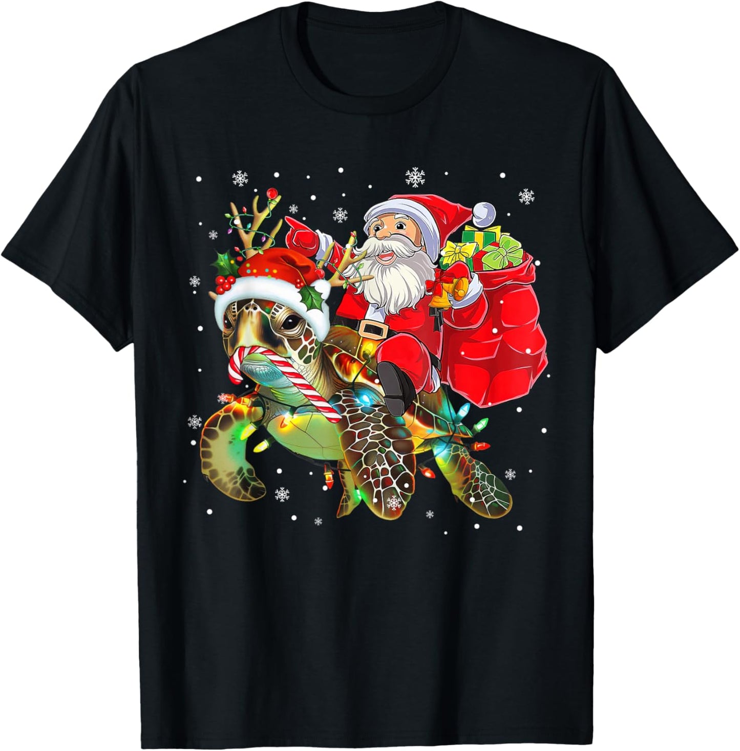 Funny Turtle Christmas Santa Riding Sea Turtle Xmas 2025 T-Shirt - T-Shirt | Black