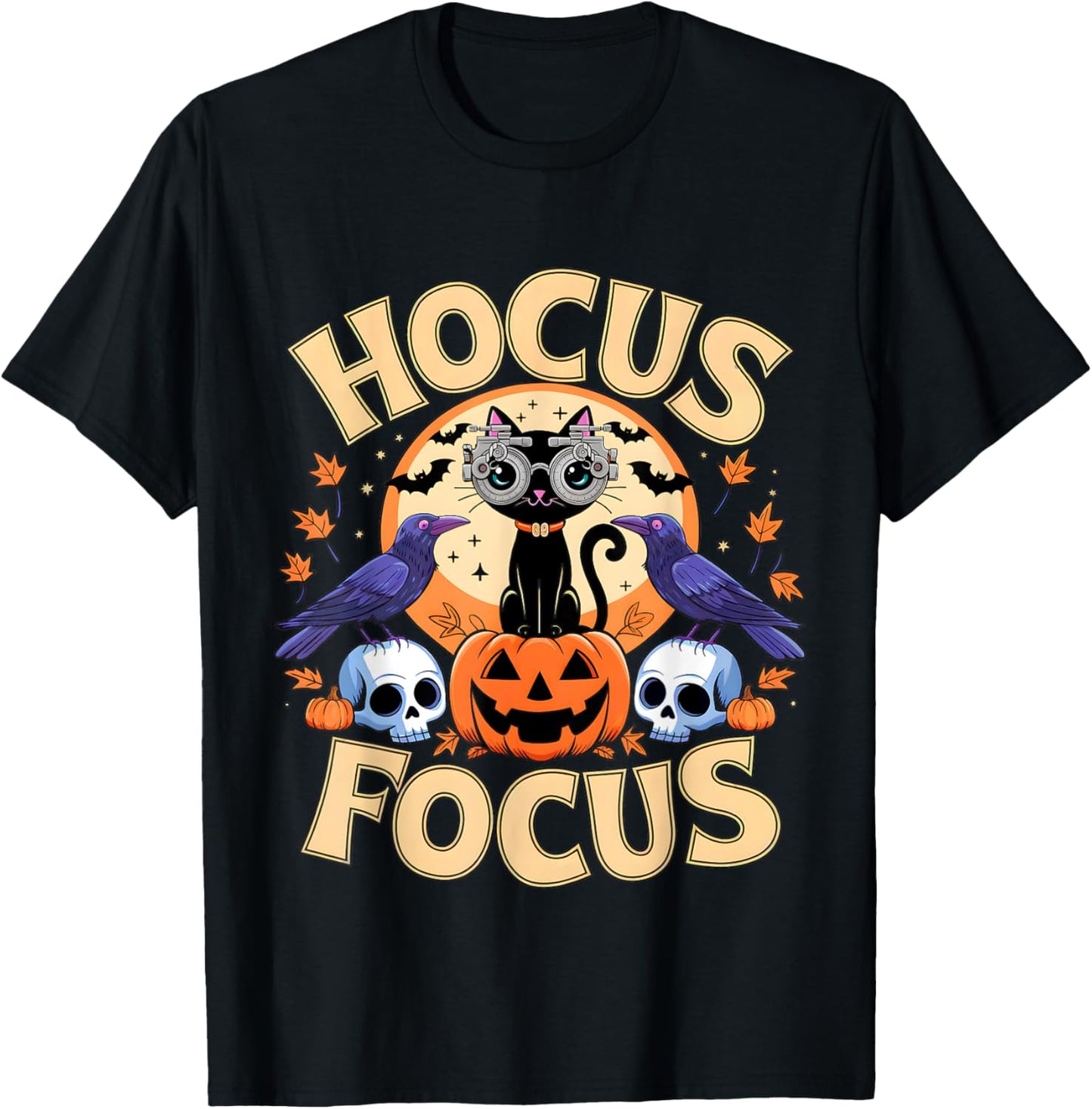 Hocus Focus Optometry Halloween Shirt Eye Doctor Cat Spooky T-Shirt - T-Shirt | Black