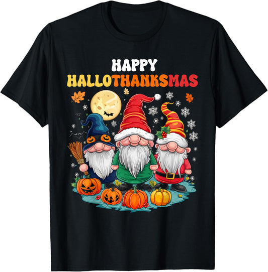 Happy HalloThanksMas Gnomes Halloween Thanksgiving Xmas T-Shirt - T-Shirt | Black