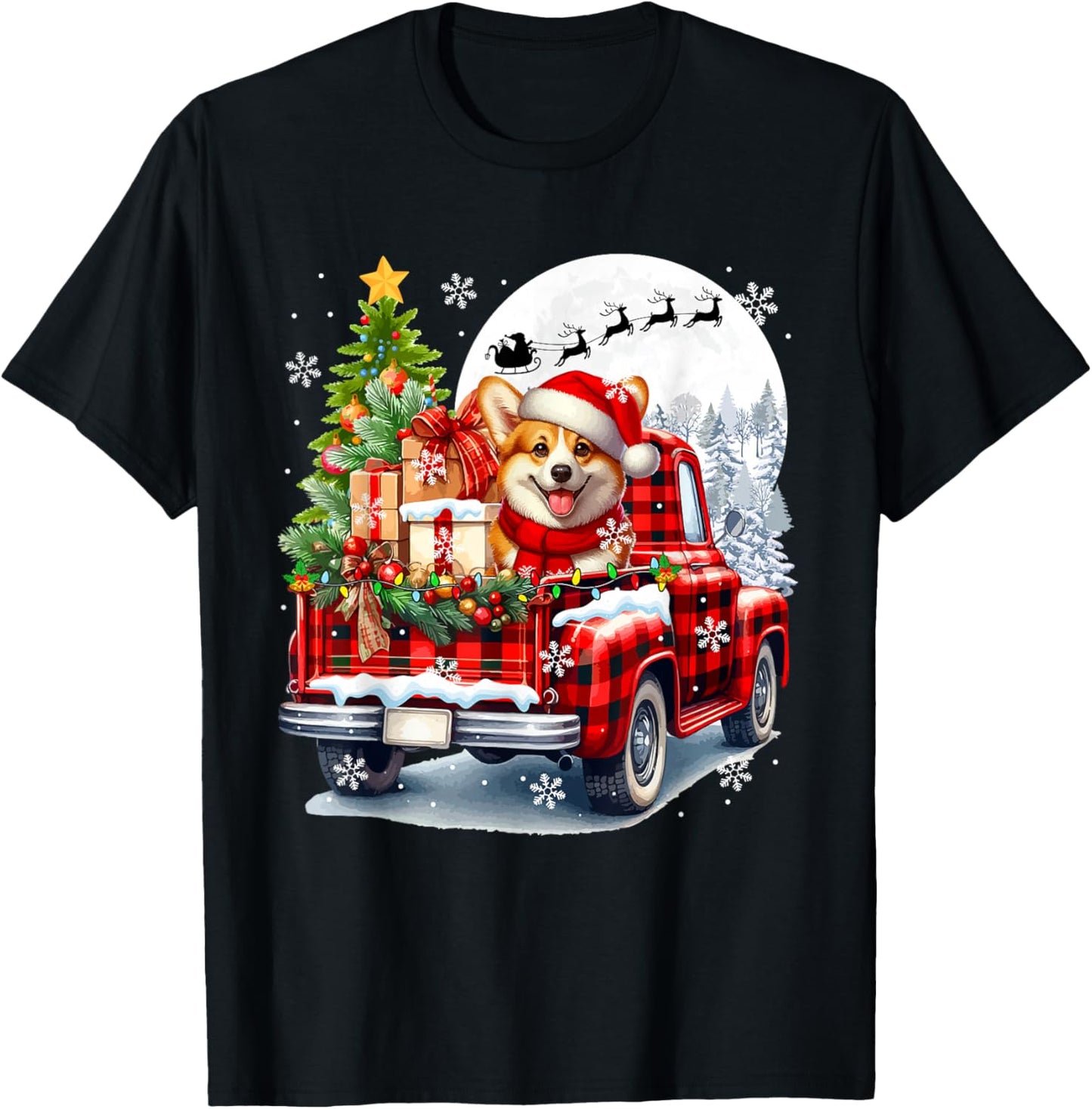 Santa Corgi On Pickup Truck Christmas Owner Kids Family T-Shirt - T-Shirt | Black