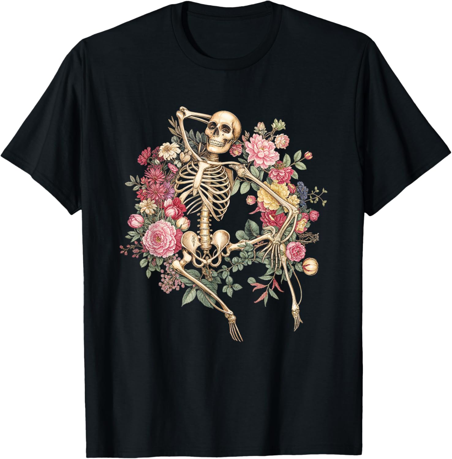 Floral Skeleton Vintage Goth Halloween Costume T-Shirt - T-Shirt | Black