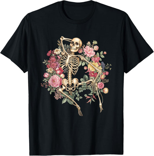 Floral Skeleton Vintage Goth Halloween Costume T-Shirt - T-Shirt | Black
