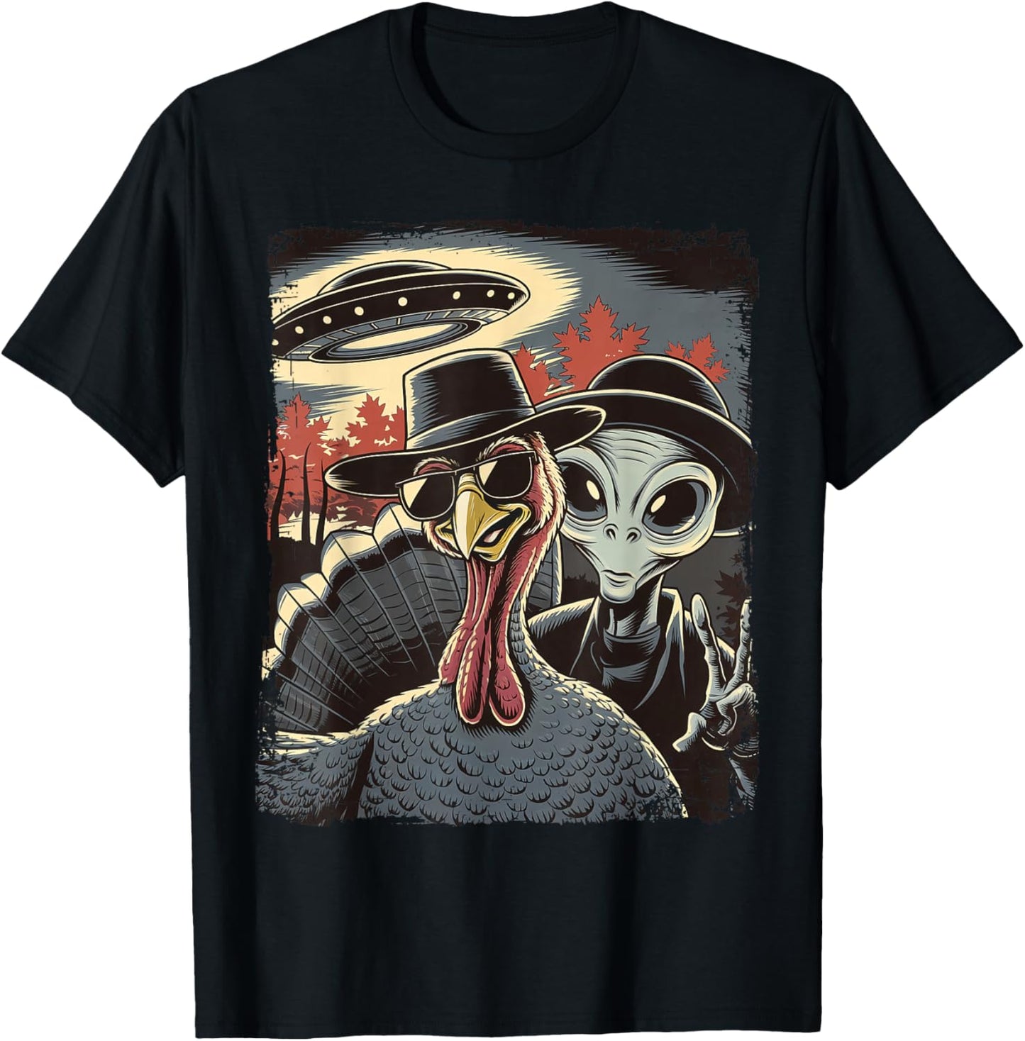 Alien Selfie With Turkey Thanksgiving Funny Photo UFO T-Shirt - T-Shirt | Black