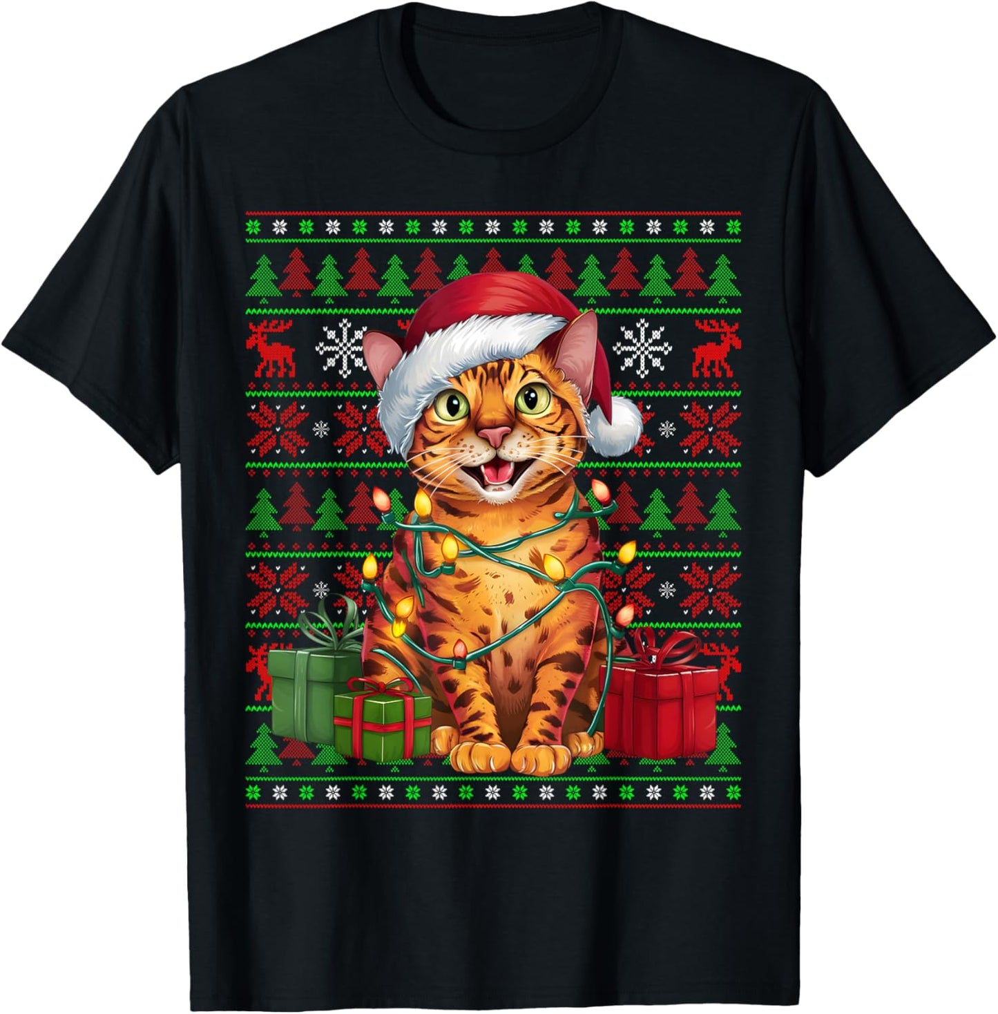 Bengal Cat Xmas Lights Ugly Santa Hat Bengal Cat Christmas Men Women Kids T-Shirt - T-Shirt | Black