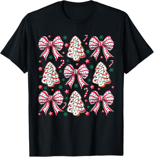 Coquette Bow Tree Cake Candy Cane Merry Christmas Women Kids T-Shirt - T-Shirt | Black