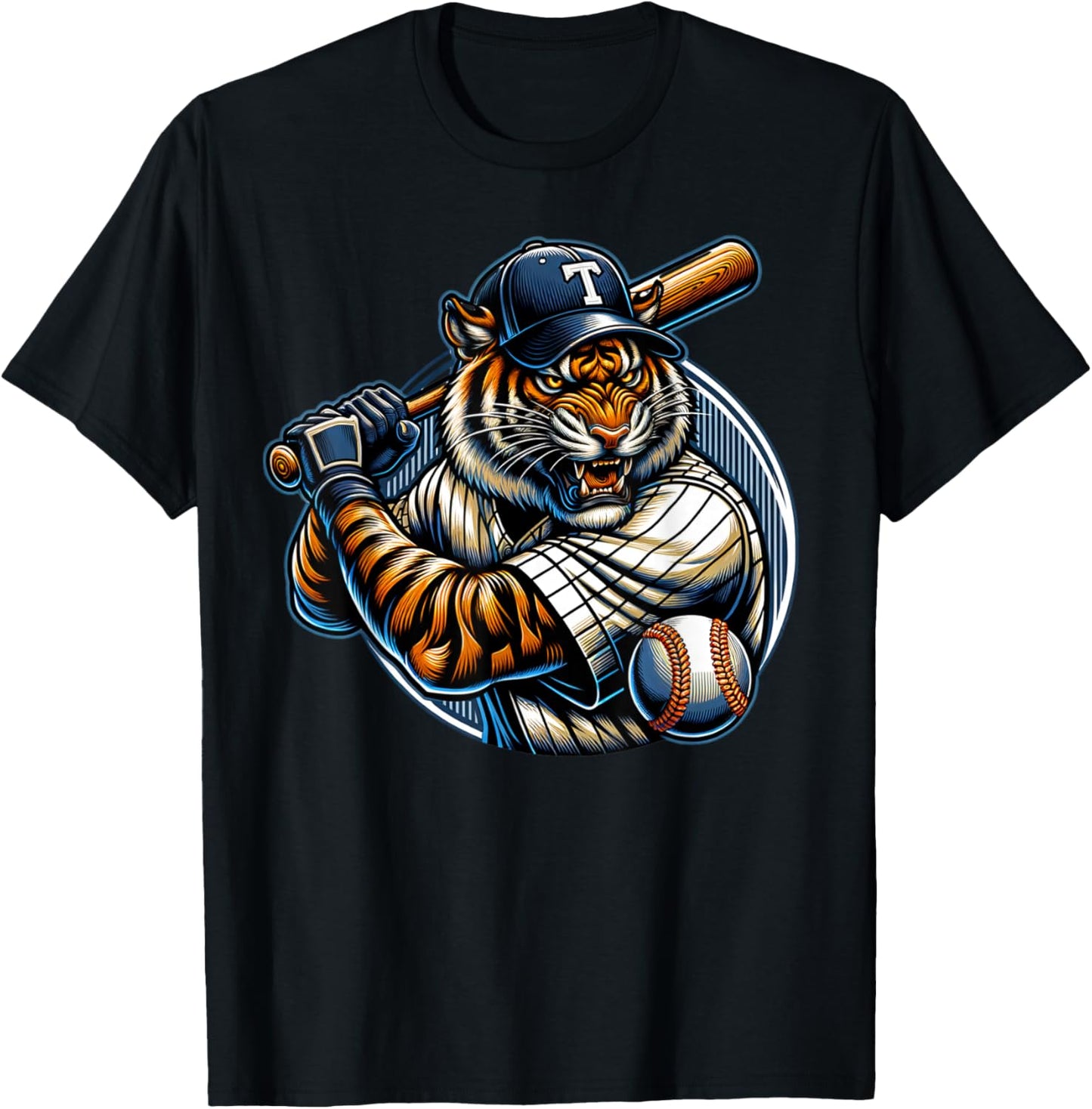 Funny Vintage Tiger Playing Baseball Cute Baseball Men Women T-Shirt - T-Shirt | Black