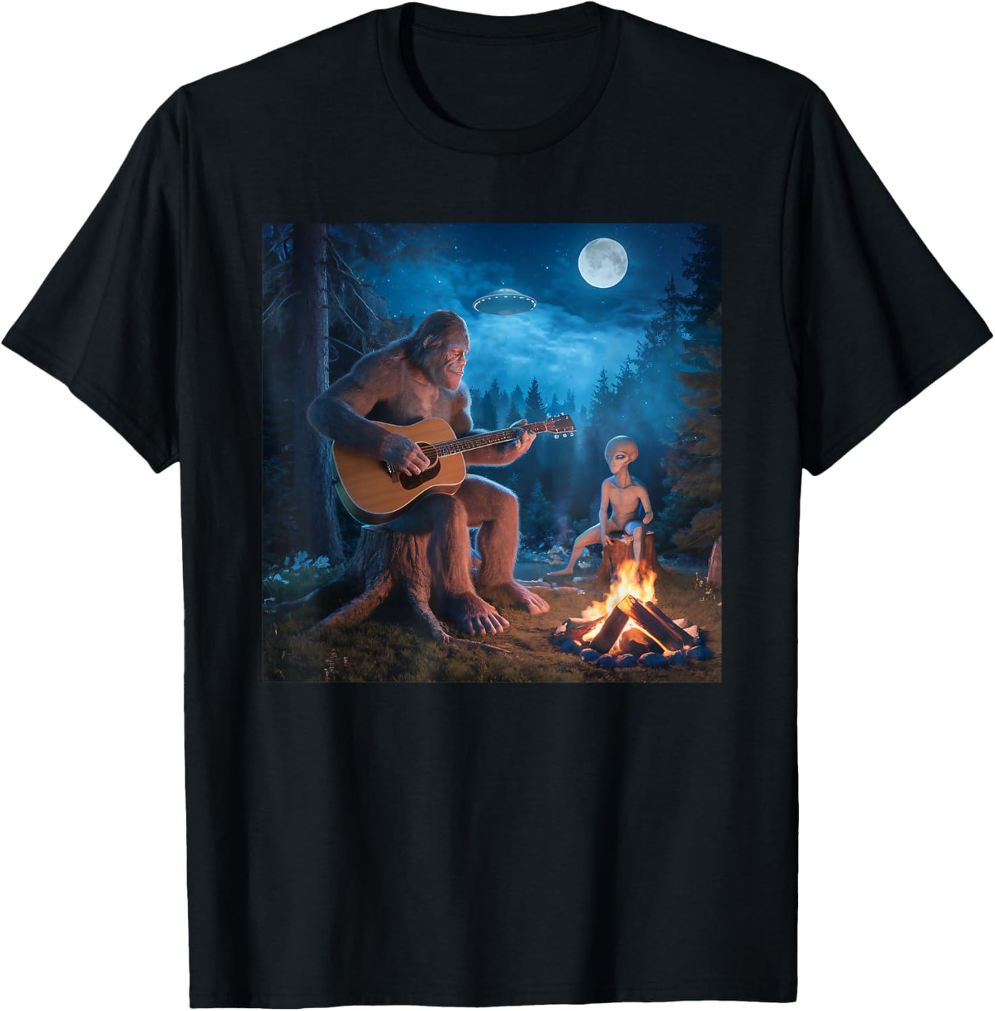 Bigfoot Alien Sasquatch Campfire UFO Music Night Scene T-Shirt - T-Shirt | Black