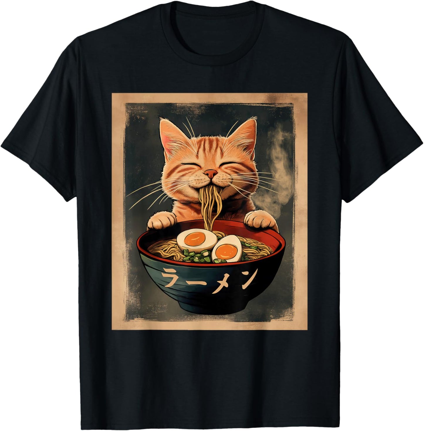 Funny Ginger Cat Ramen Japanese Kawaii Anime T-Shirt - T-Shirt | Black