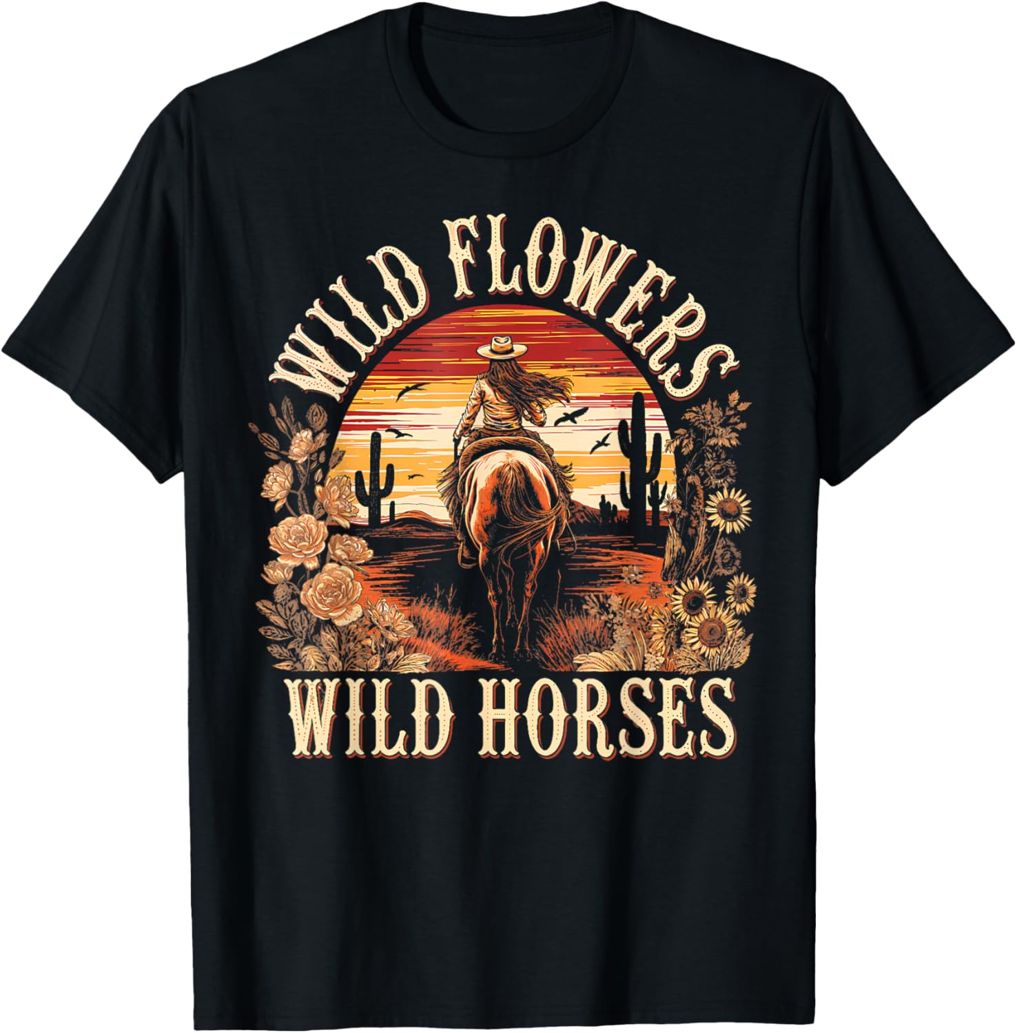 Vintage Flowers Horses Cowgirl Western Sunset Riding Horse T-Shirt - T-Shirt | Black