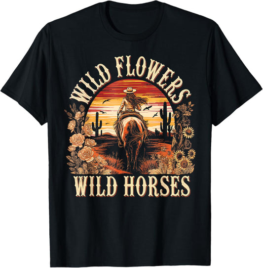 Vintage Flowers Horses Cowgirl Western Sunset Riding Horse T-Shirt - T-Shirt | Black
