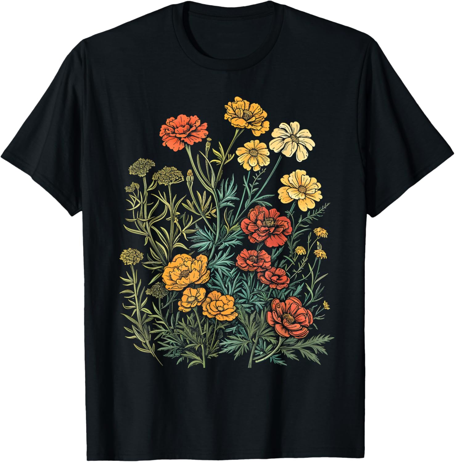 Vintage Botanical Marigold Flower Girl Cute Floral Plant Mom T-Shirt - T-Shirt | Black