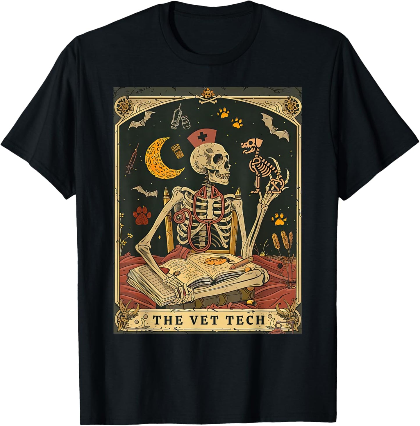 The Vet Tech Tarot Card Skeleton Stethoscope Veterinarian T-Shirt - T-Shirt | Black