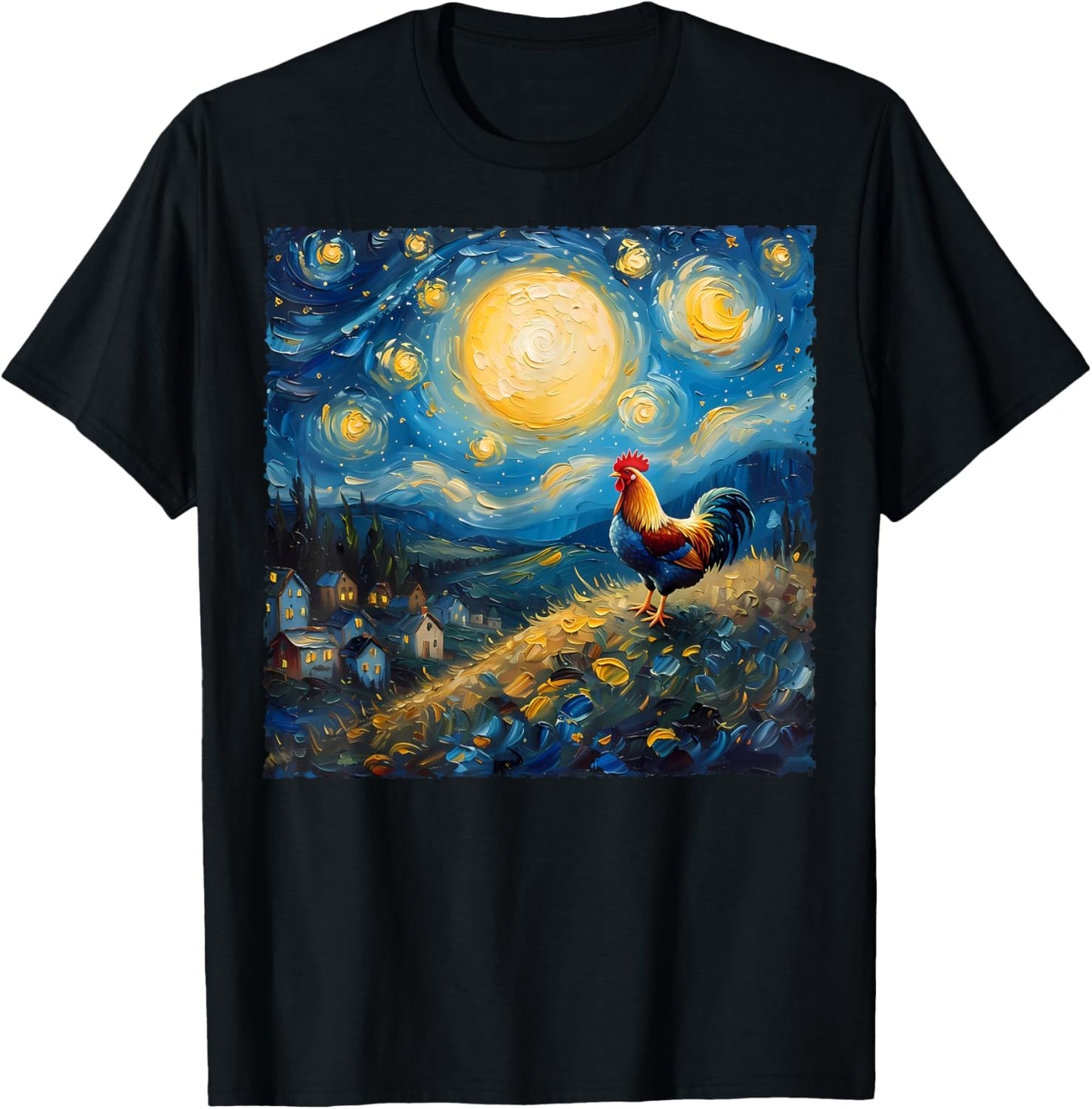 Van Gogh Style Funny Rooster Lover The Starry Night Painting T-Shirt - T-Shirt | Black