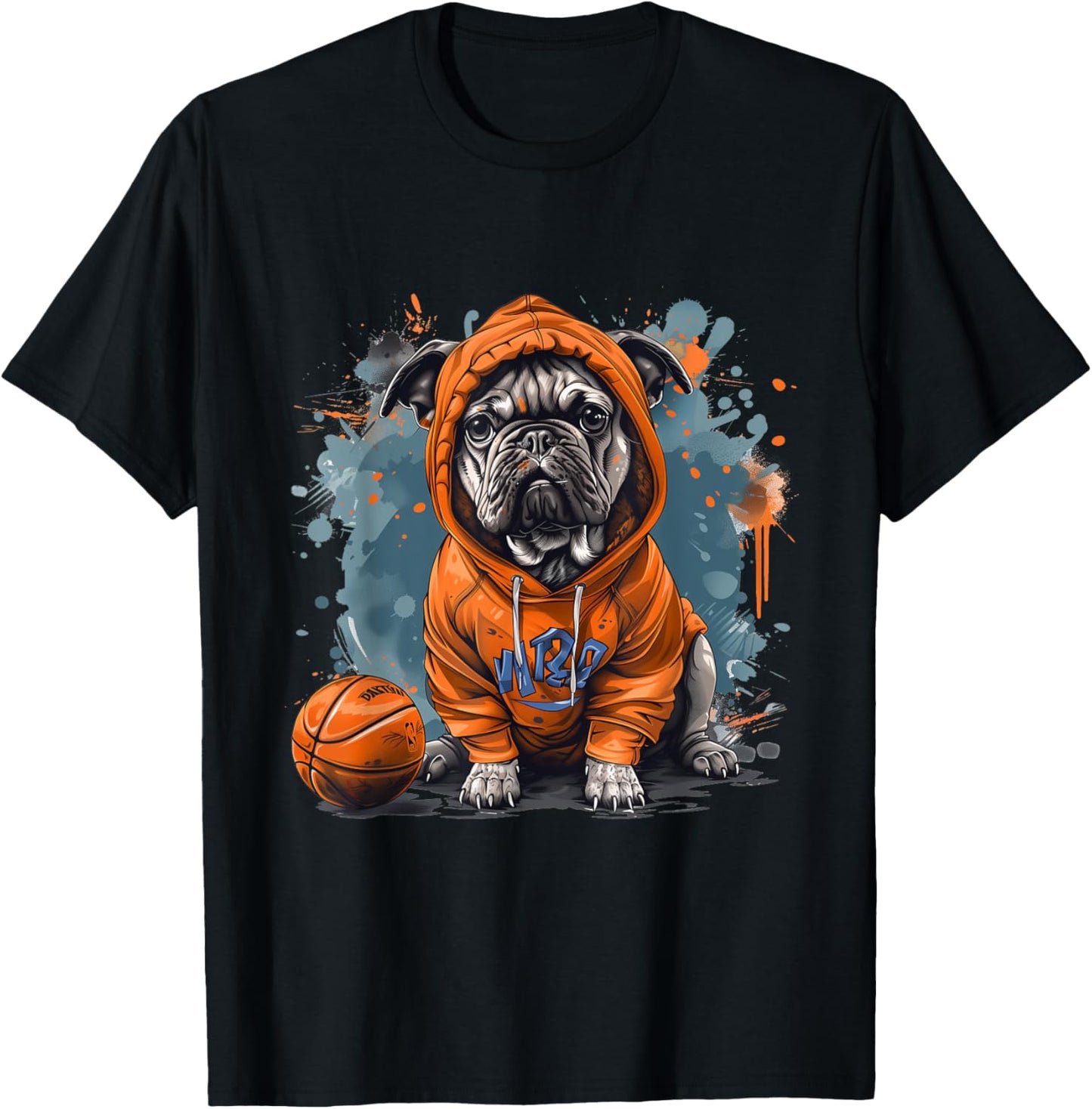 Cute French Bulldog Basketball Cool Dog Sports Orange Blue T-Shirt - T-Shirt | Black