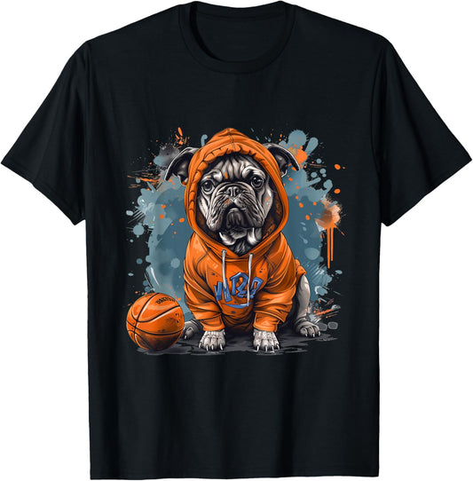 Cute French Bulldog Basketball Cool Dog Sports Orange Blue T-Shirt - T-Shirt | Black