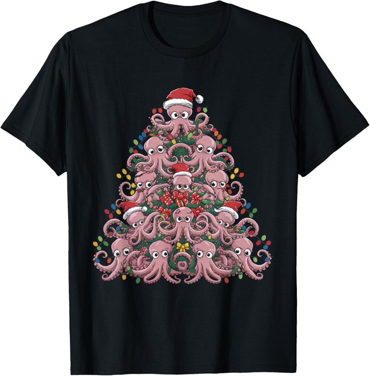 Octopus Xmas Lighting Santa Funny Octopus Christmas Tree T-Shirt - T-Shirt | Black