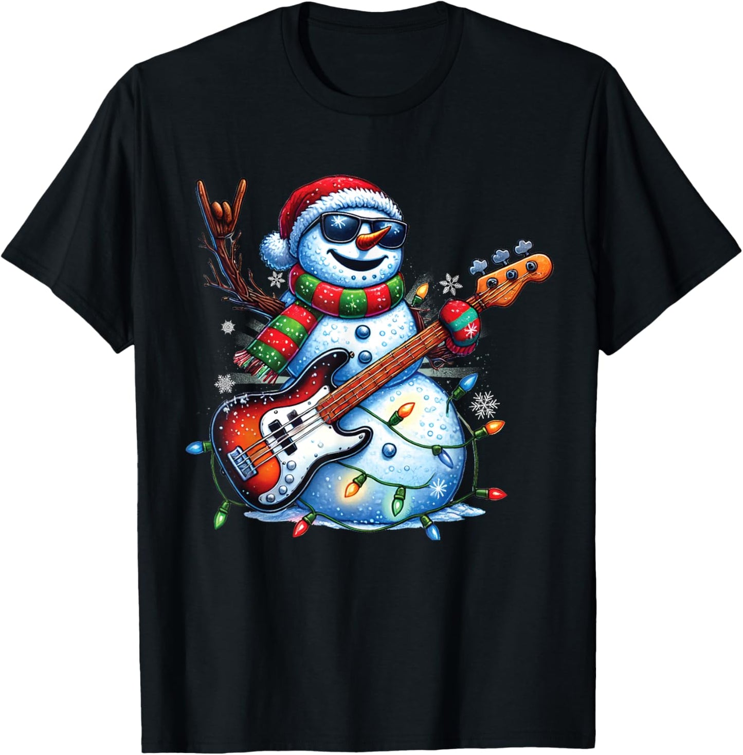 Funny Snowman Playing Guitar Christmas Musician Guitarist T-Shirt - T-Shirt | Black