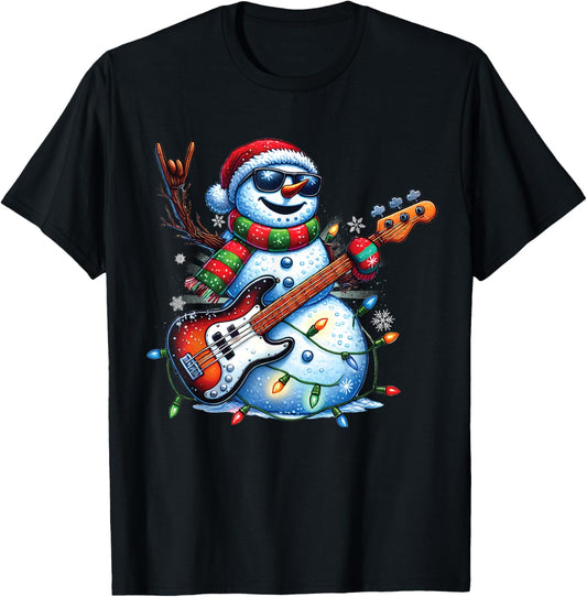 Funny Snowman Playing Guitar Christmas Musician Guitarist T-Shirt - T-Shirt | Black