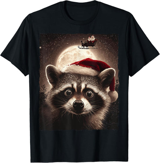 Funny Raccoon Selfie Santa Moon Xmas Christmas T-Shirt - T-Shirt | Black
