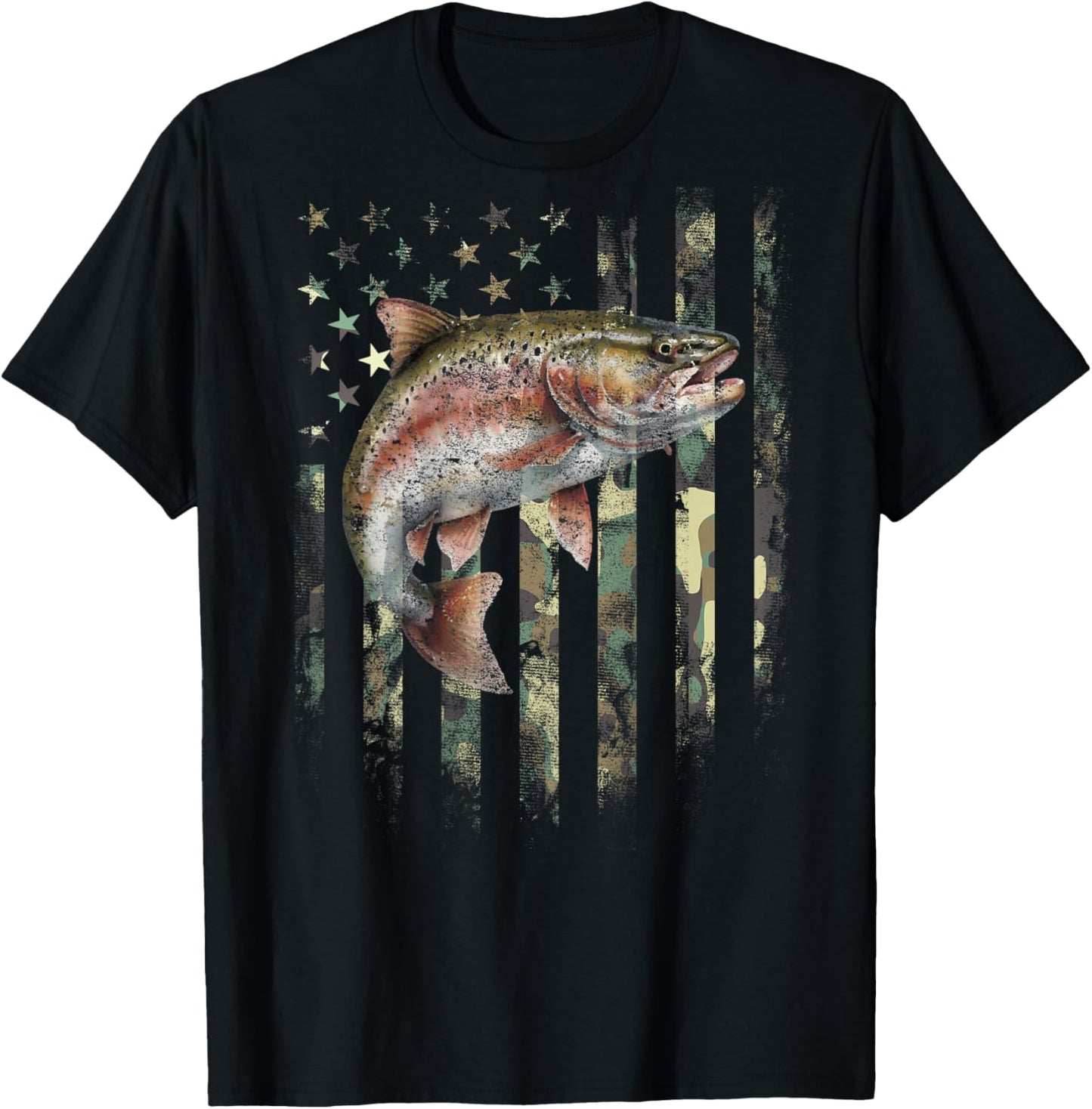 (Art on Back) Camo American Flag Trout Fish Fishing T-Shirt - T-Shirt | Black