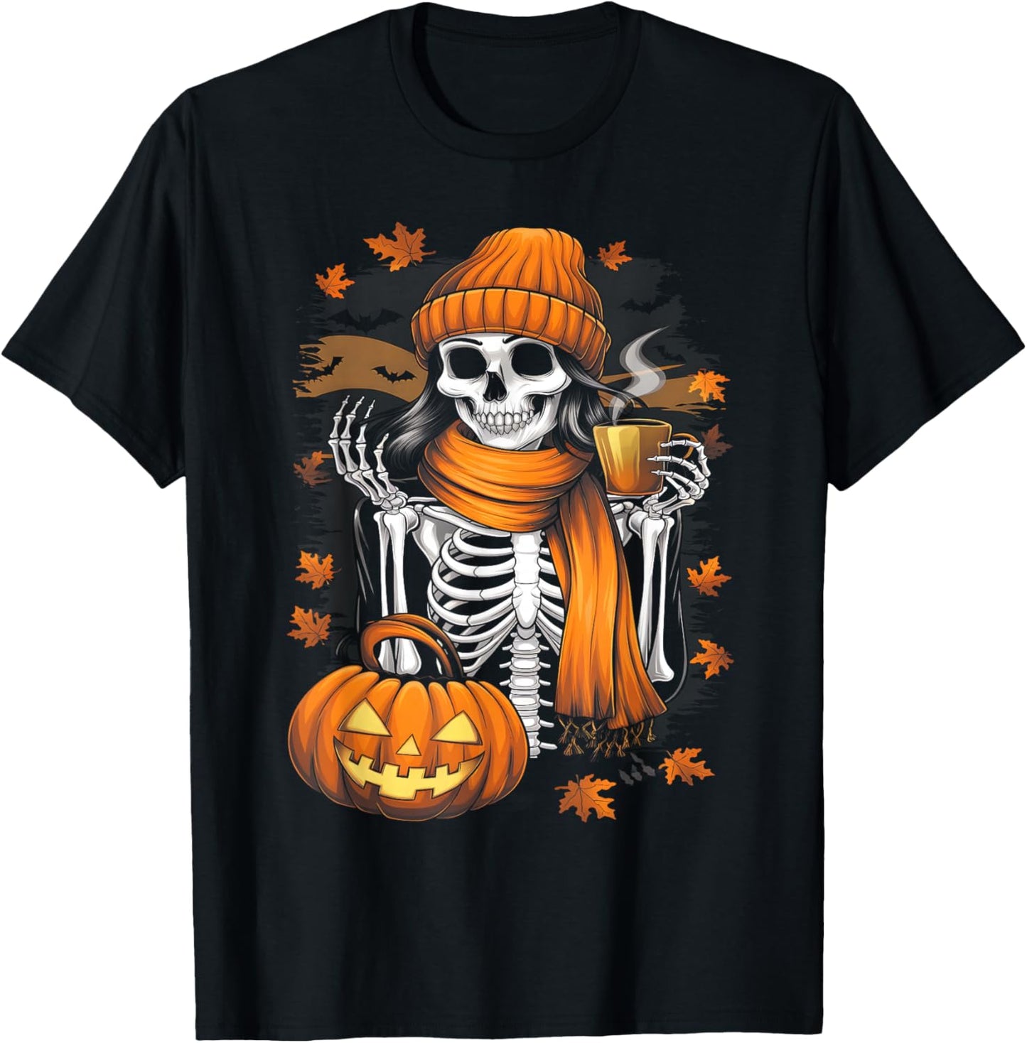 Women Skeleton Drinking Coffee Halloween Skeleton Coffee T-Shirt - T-Shirt | Black