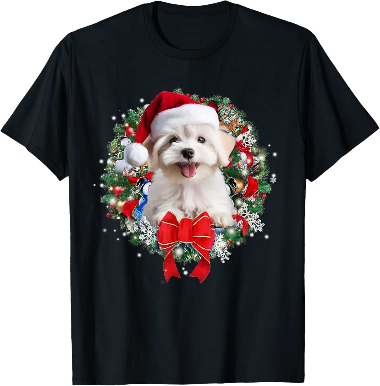 Maltese Christmas Wreath Decoration Xmas Pajamas T-Shirt - T-Shirt | Black