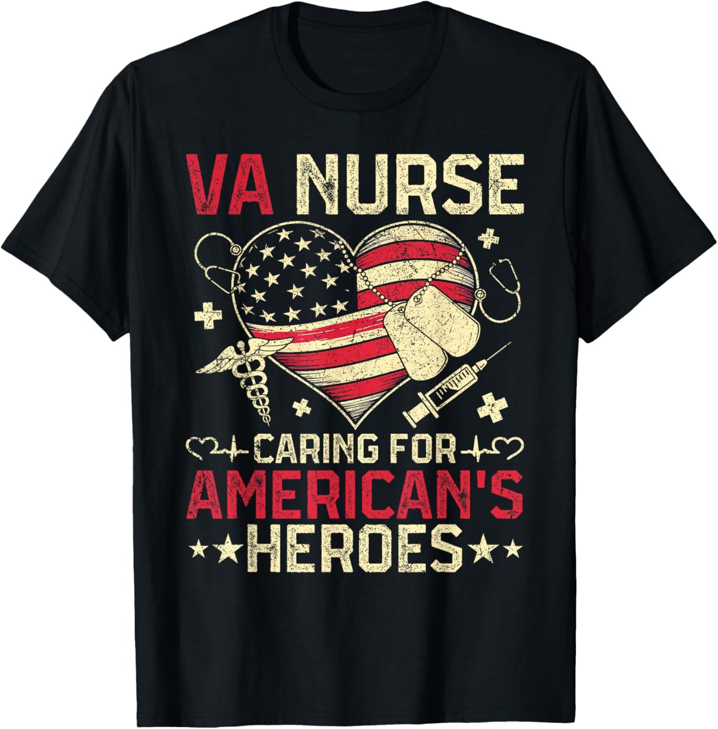 VA Nurse Caring for America's Heroes Veterans Day USA Heart T-Shirt - T-Shirt | Black