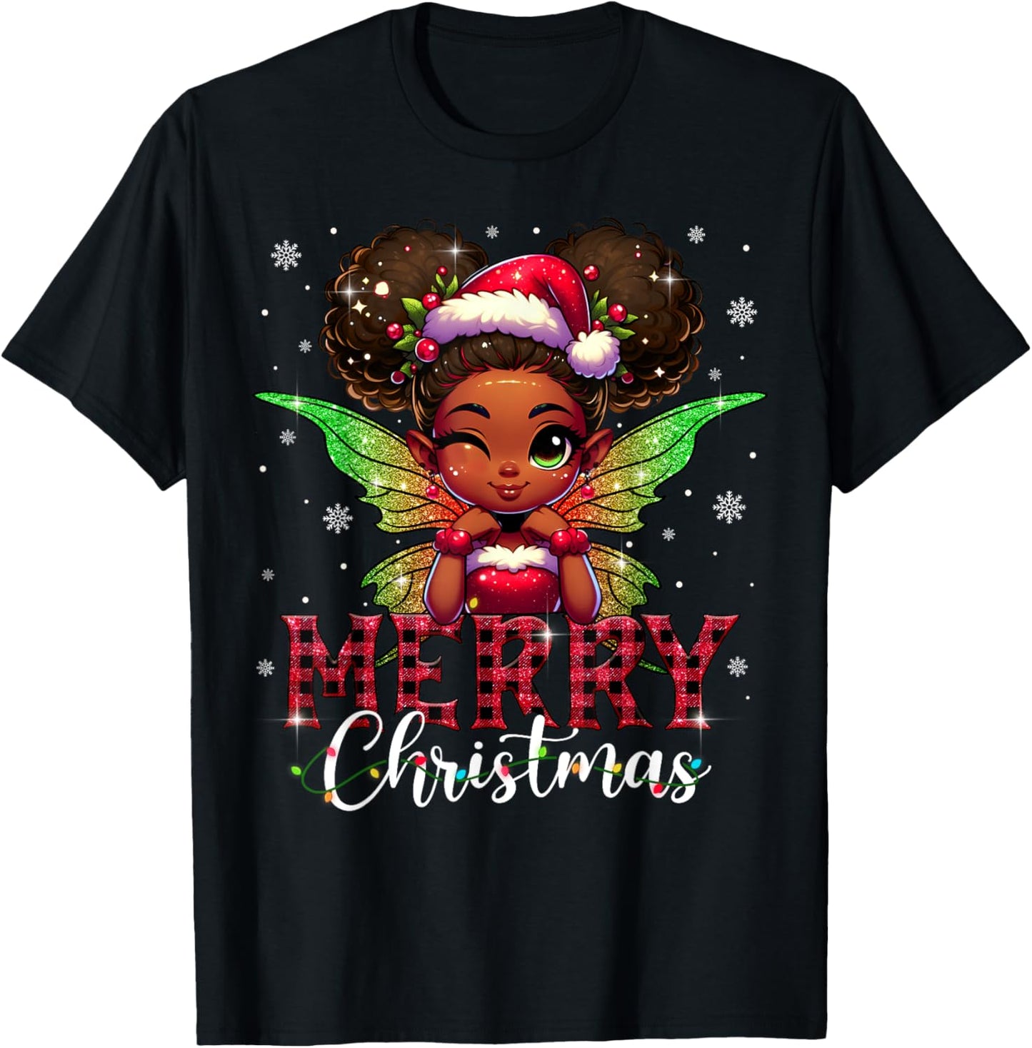 African American Merry Christmas Cute Black Girl Kids T-Shirt - T-Shirt | Black