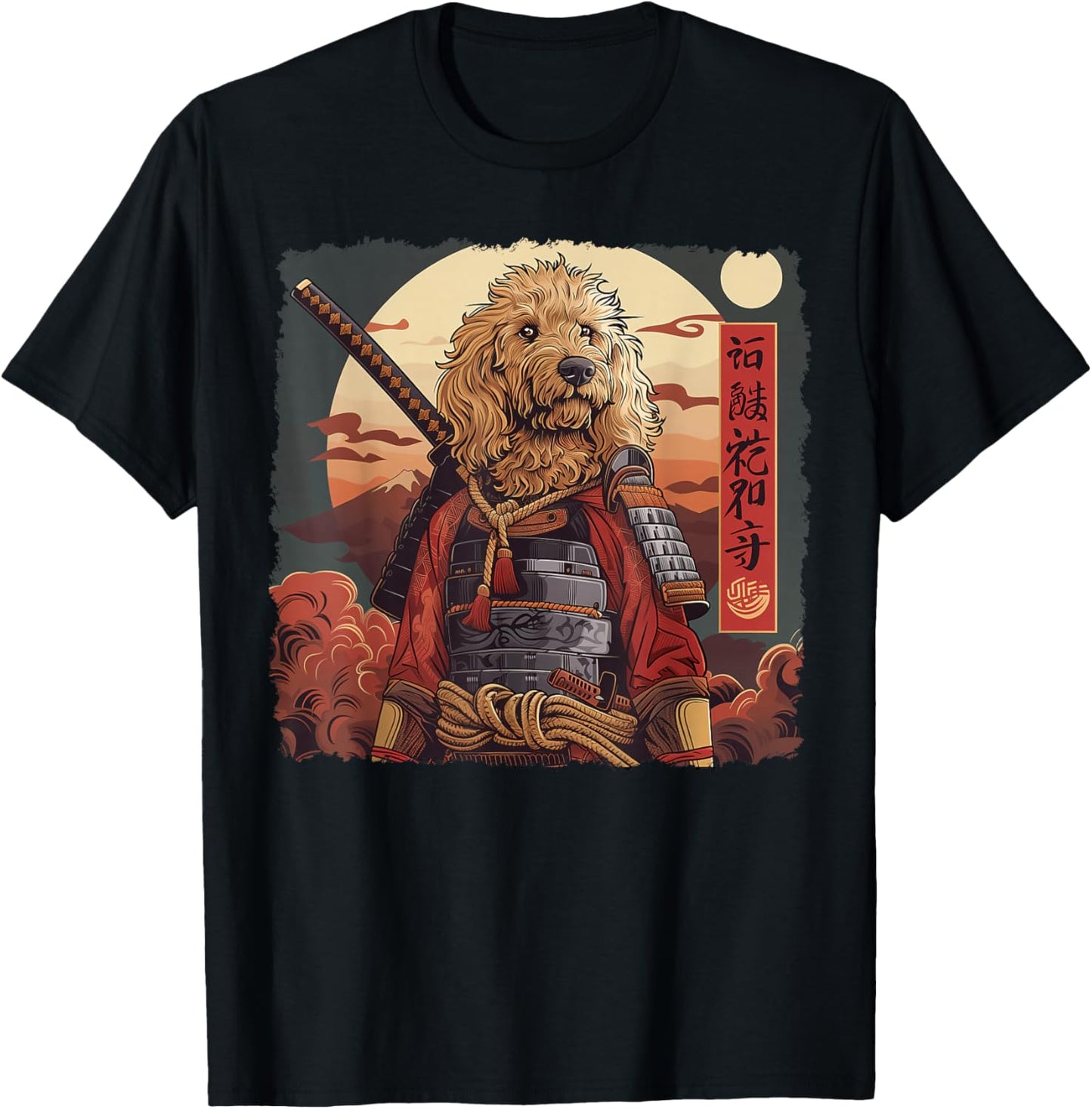 Golden Doodle Goldendoodle Dog Japanese Art Samurai Ukiyo-e T-Shirt - T-Shirt | Black