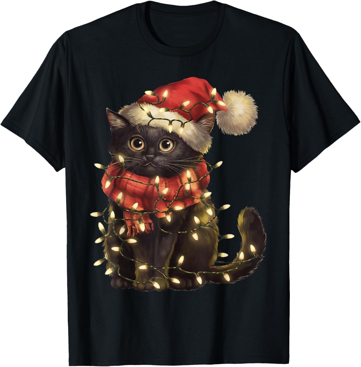 Black Cat Christmas Tree Lights Funny Xmas Men Women Family T-Shirt - T-Shirt | Black