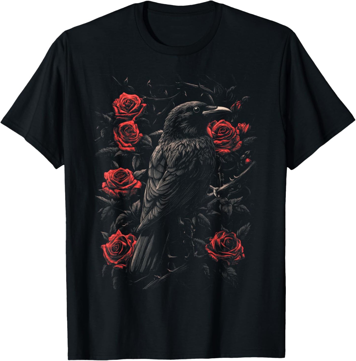 Raven Bird Gothic Kids Crow Roses Nature Floral T-Shirt - T-Shirt | Black