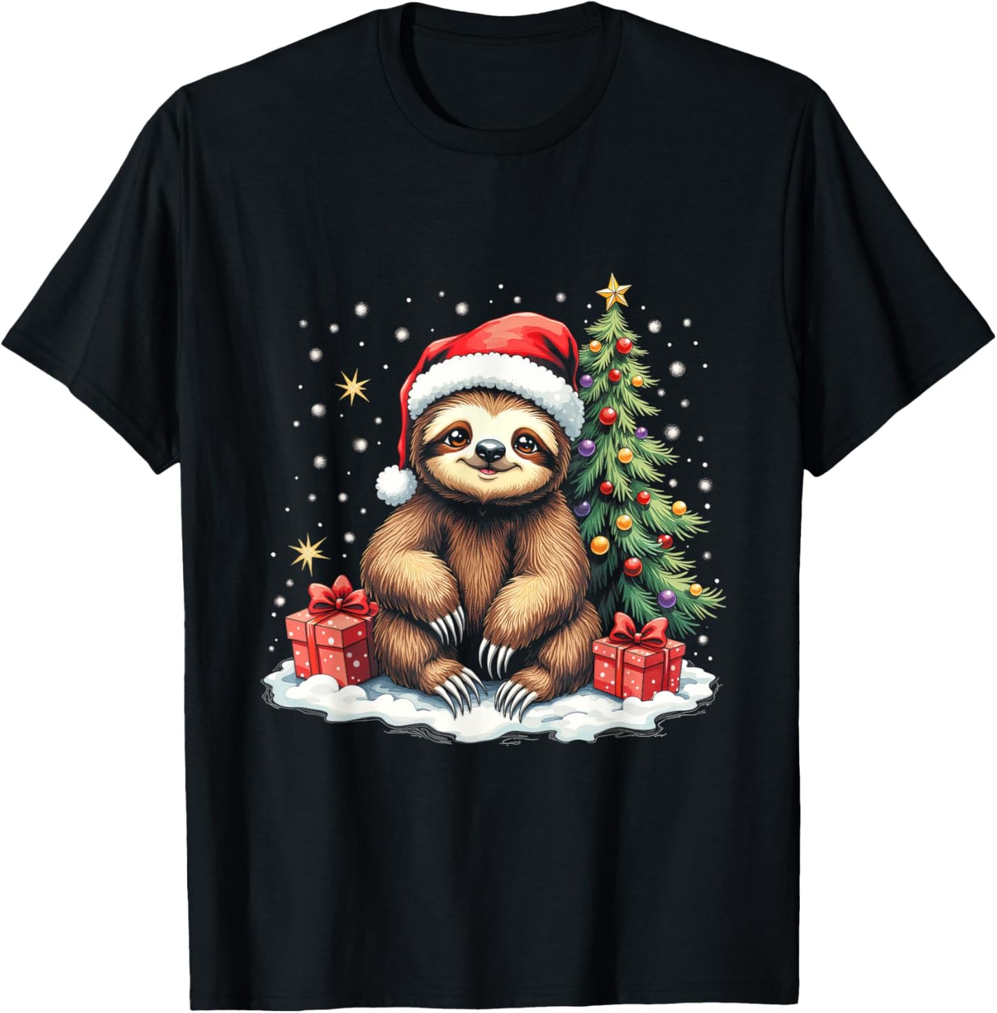 Cute Sloth with Santa Hat and Snowflakes Holiday Christmas T-Shirt - T-Shirt | Black