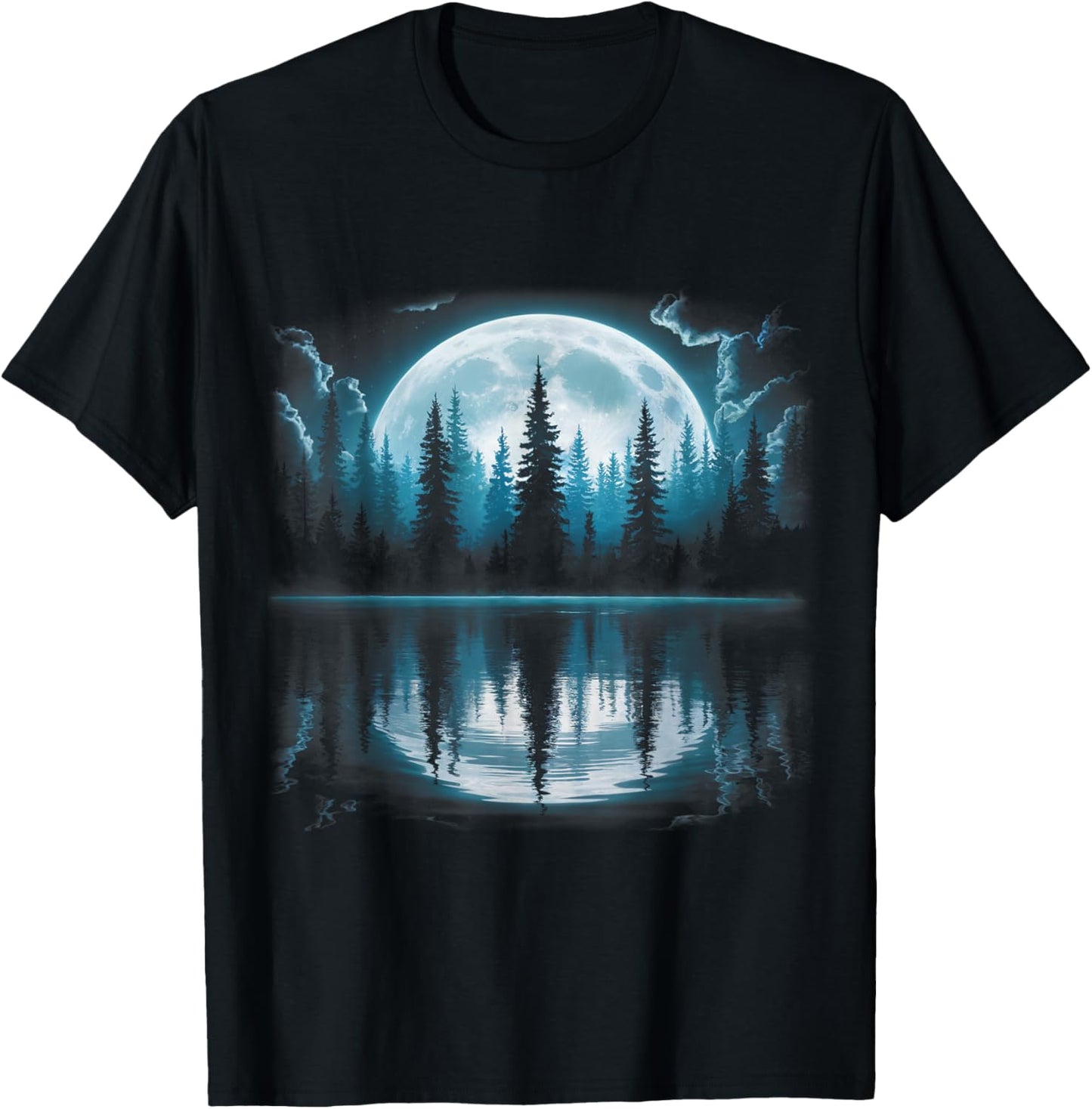 Full Moon Forest Trees Reflection Nature Outdoor Night Art T-Shirt - T-Shirt | Black