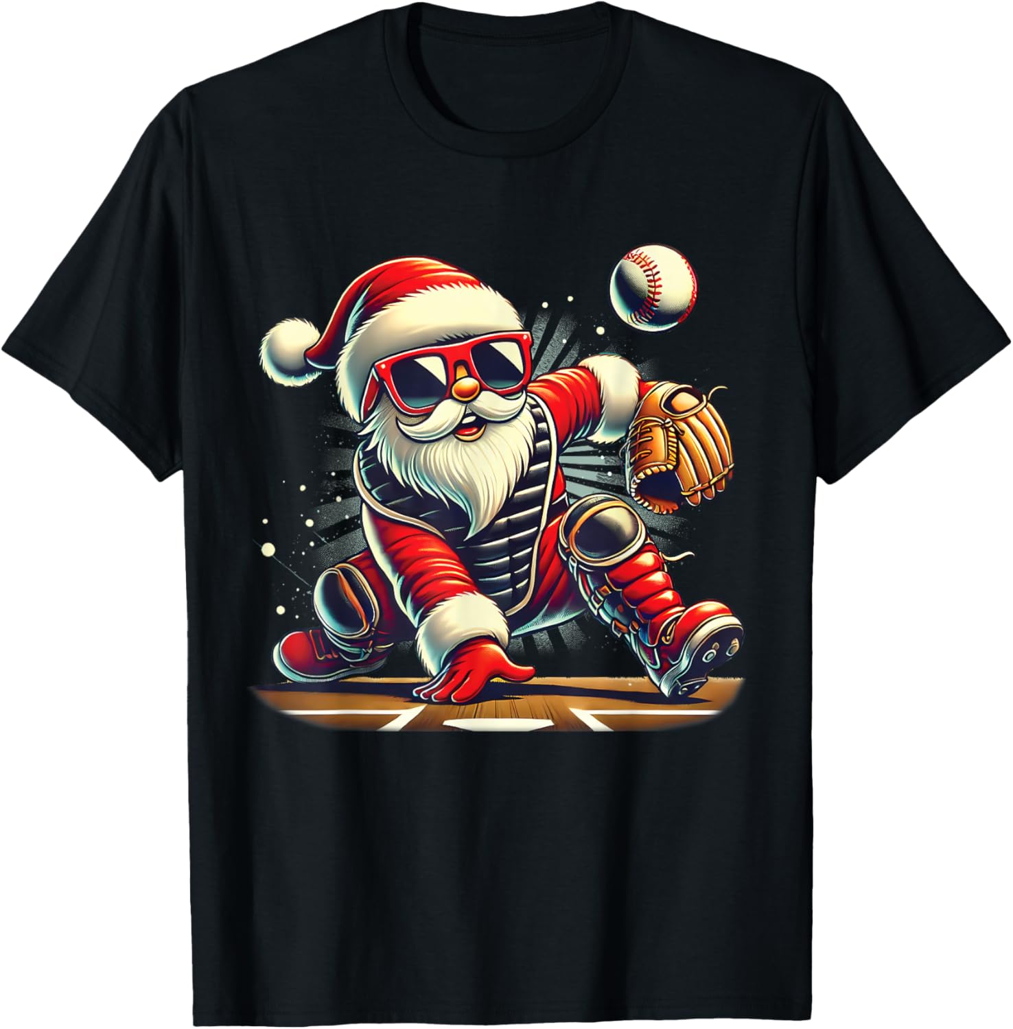 Santa Playing Baseball as Catcher Boys Kids Teens Christmas T-Shirt - T-Shirt | Black