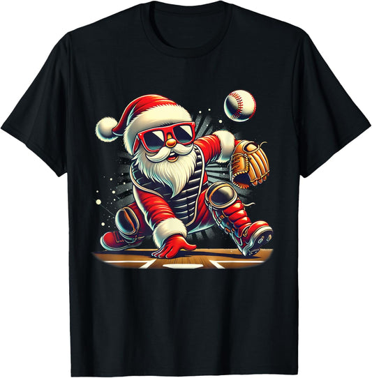Santa Playing Baseball as Catcher Boys Kids Teens Christmas T-Shirt - T-Shirt | Black