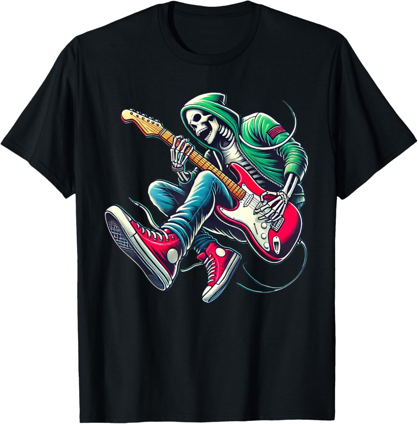 Skeleton Playing Guitar - Rock And Roll Graphic Band T-Shirt - T-Shirt | Black