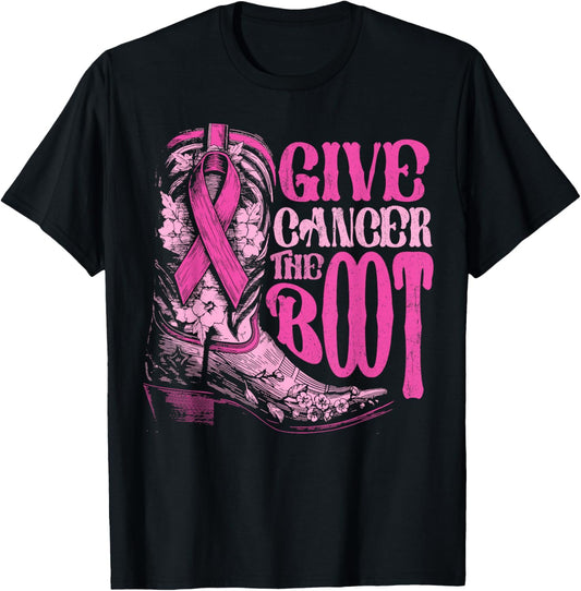 Breast Cancer Cowboy Give Cancer the Boot Cowgirl Rodeo T-Shirt - T-Shirt | Black