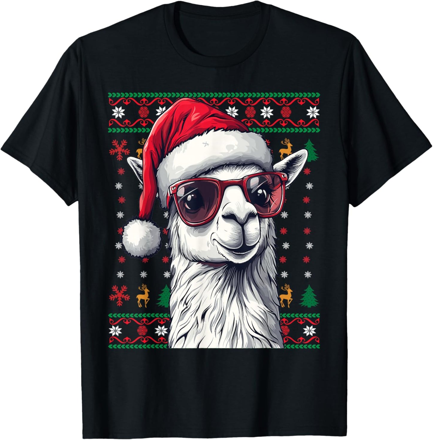 Llama Santa Hat Ugly Christmas Funny Holiday Llama Lover T-Shirt - T-Shirt | Black