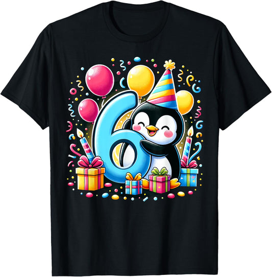 Kids Penguin Theme sixth Bday Party 6th Penguin Birthday T-Shirt - T-Shirt | Black