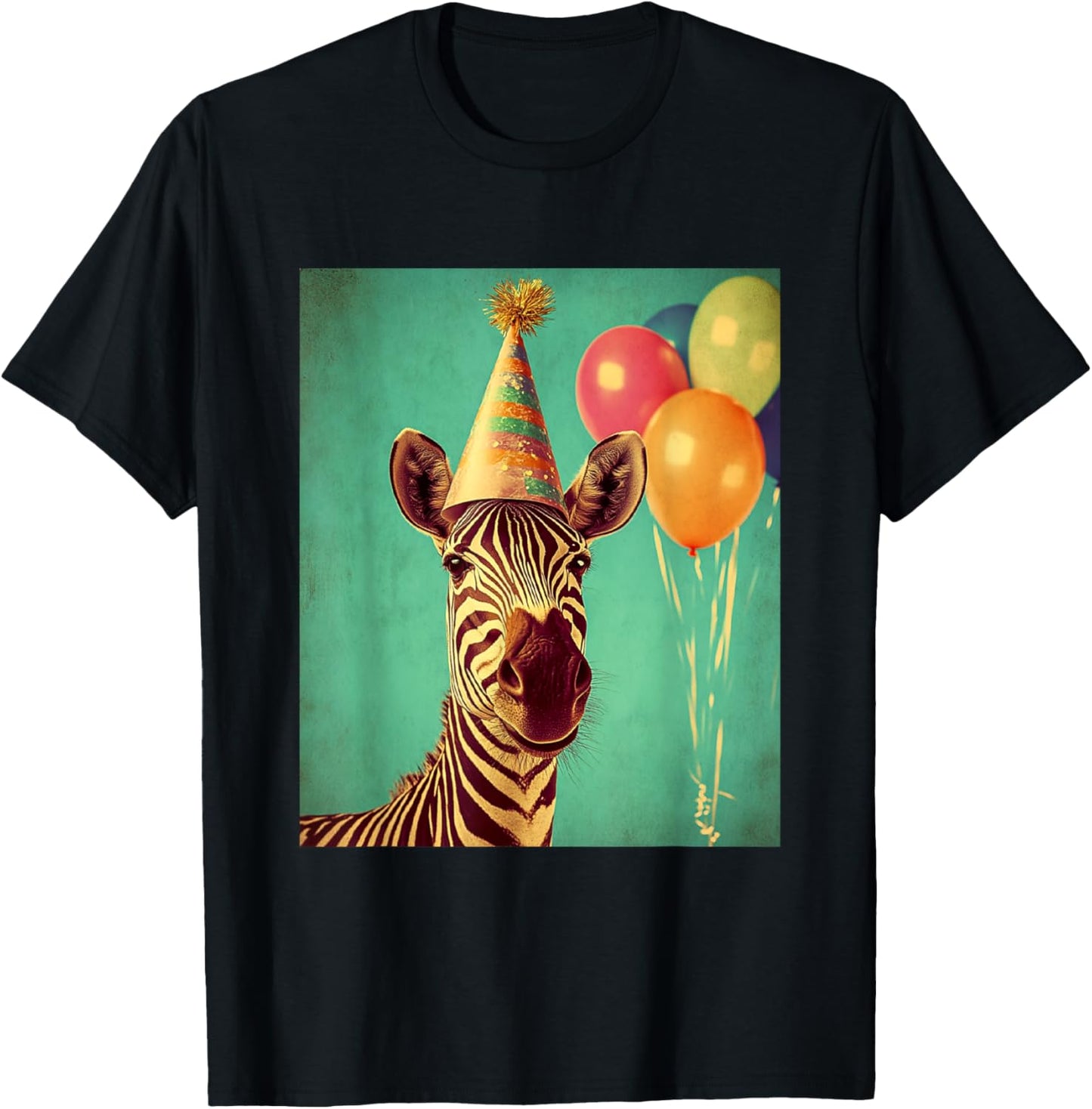 Zebra Retro Art Print Birthday Party Balloons & Party Hat T-Shirt - T-Shirt | Black